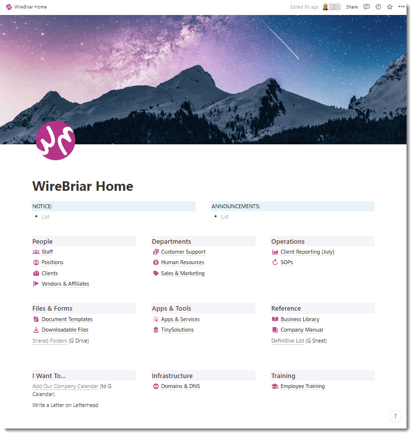 Example home page of a TinyIntranet